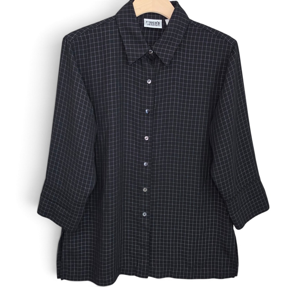 Chicos Design Top Womens 1 M Black Windowpane Grid Button Up Shirt 3/4 Sleeve